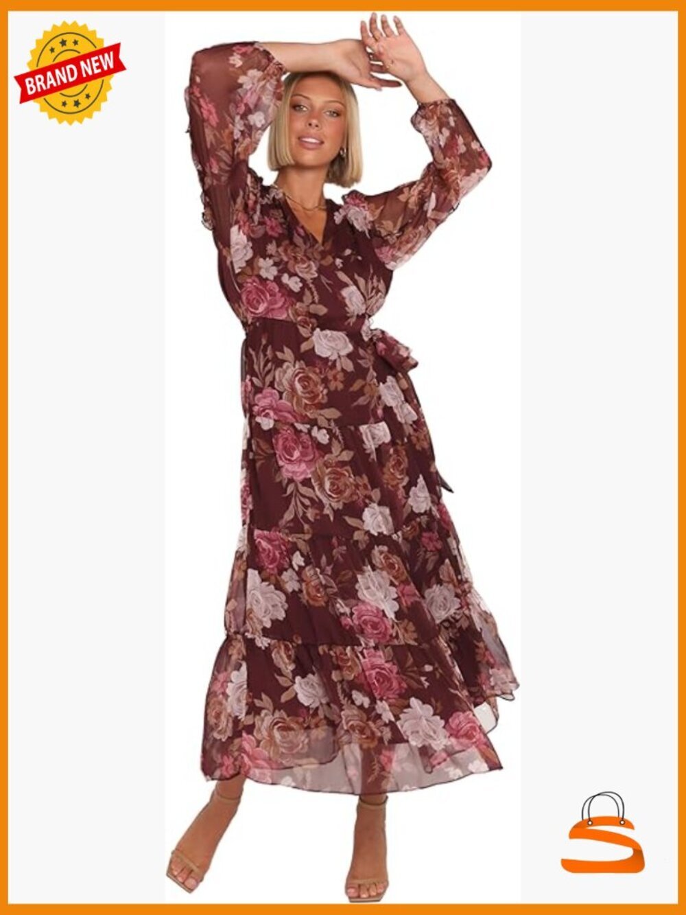 Wrap Maxi Dress Long-Sleeve V-Neck Floral A-Line Dress
